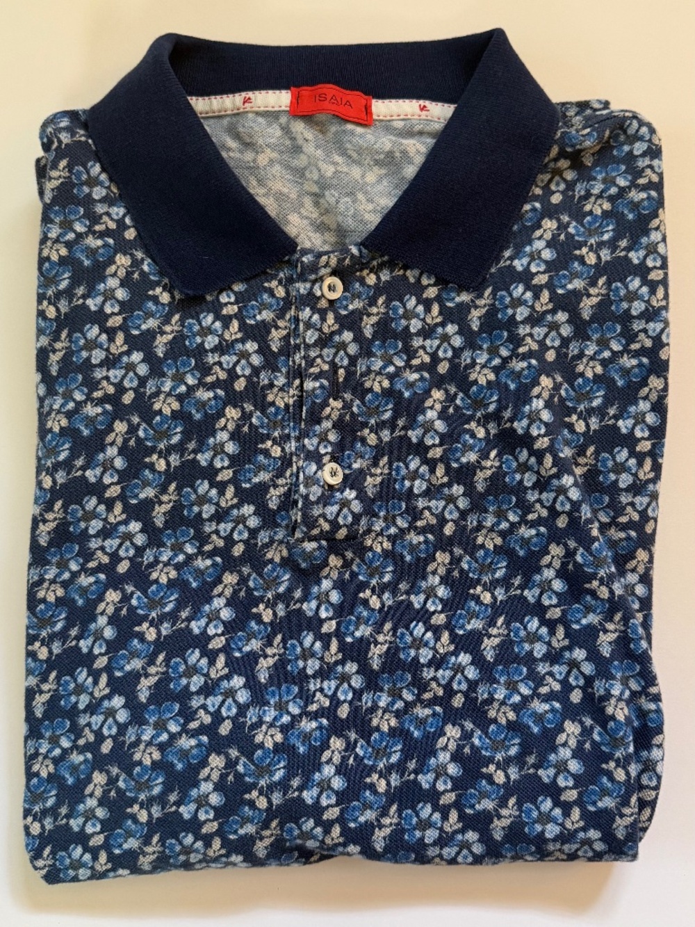ISAIA Napoli Men’s Floral Polo Shirt Navy Blue Short Sleeve Luxury Italian